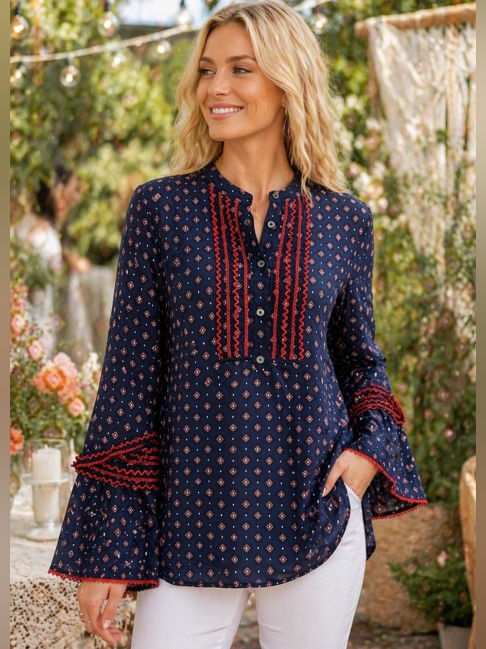 J.Crew 4T S Navy Silk Cotton Tunic Blouse Red Trim Bell Sleeve Boho Top Peasant